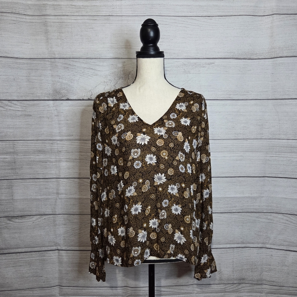 Lucky Brand Brown and Black Long Sleeve Blouse, Size M